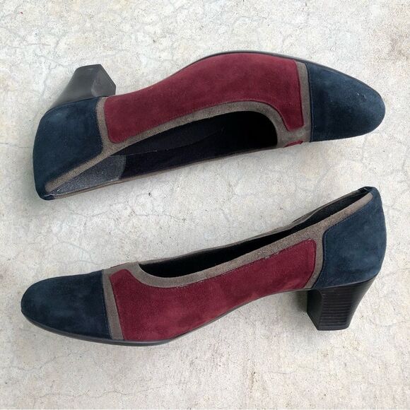 Munro Suede Pumps Heels Shoes Color-blocked Navy Blue Maroon 12N 12 Narrow - Picture 2 of 8